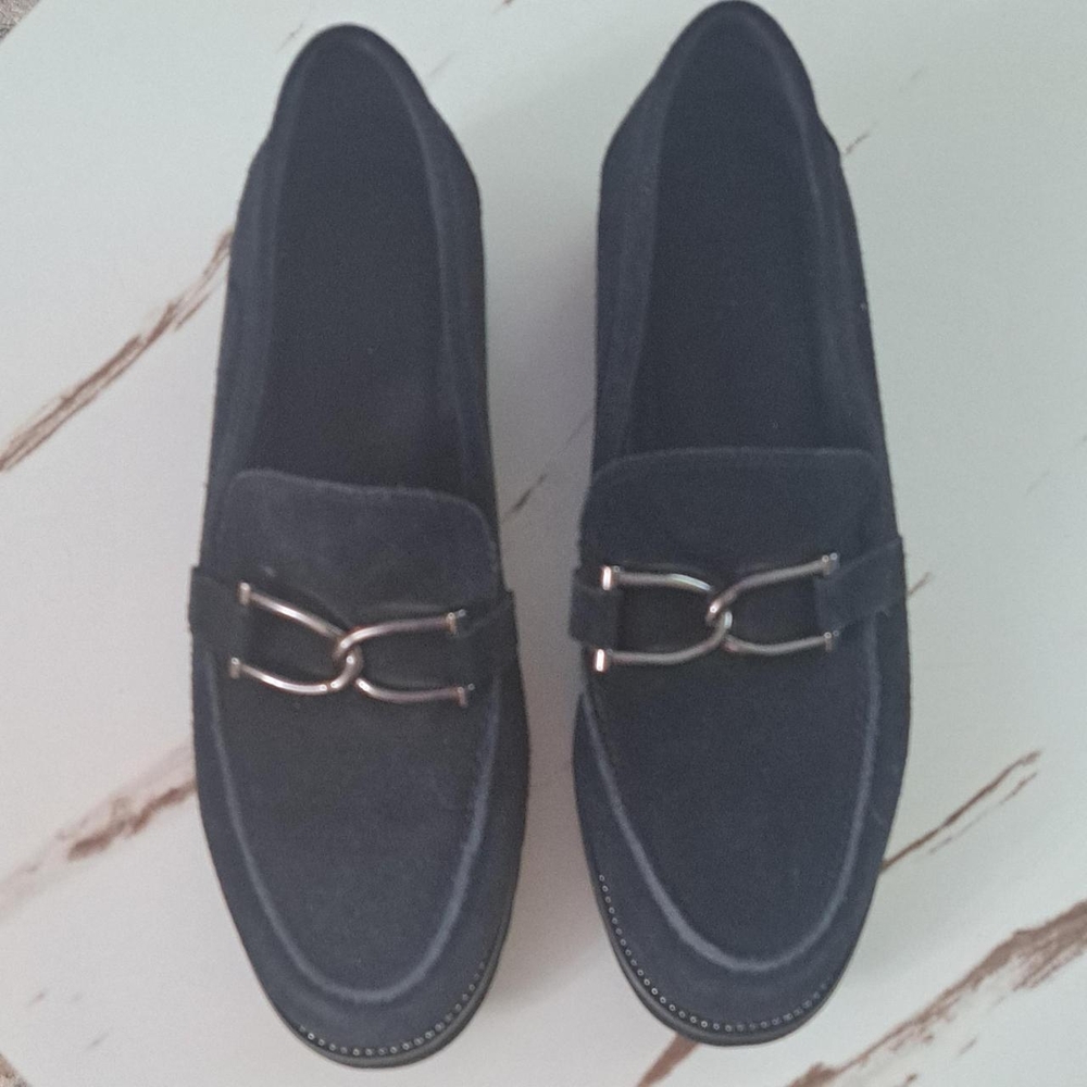 Vaneli Black Suede Loafers with Silver Buckle
